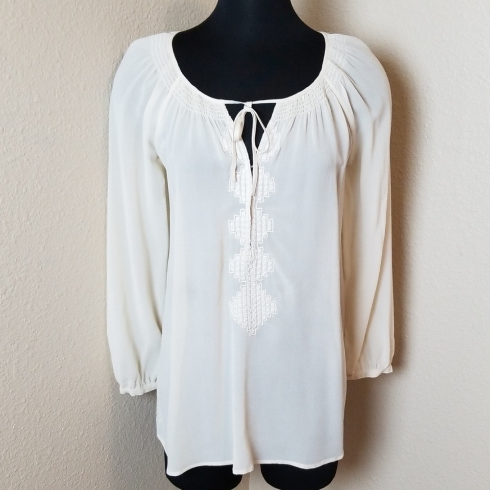 Joie 100% Silk Embroidered Blouse Tan